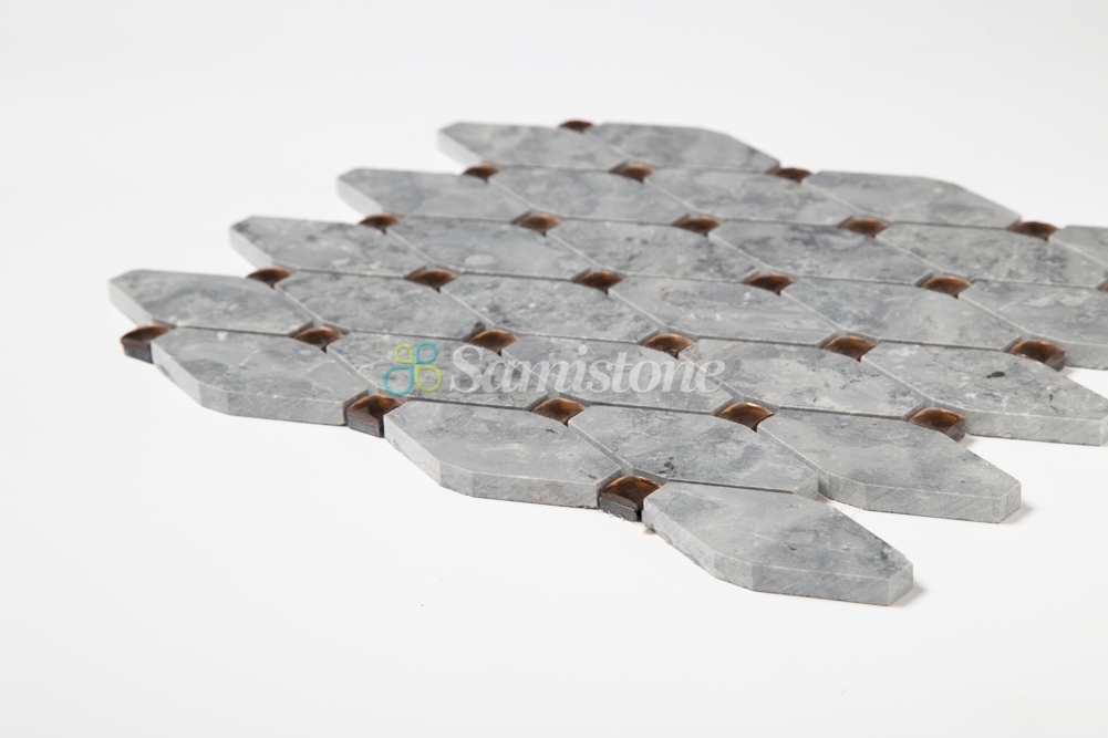 Samistone Babylon Grey Diamond Mirror Glass Long Octagon Marble Mosaic Tiles