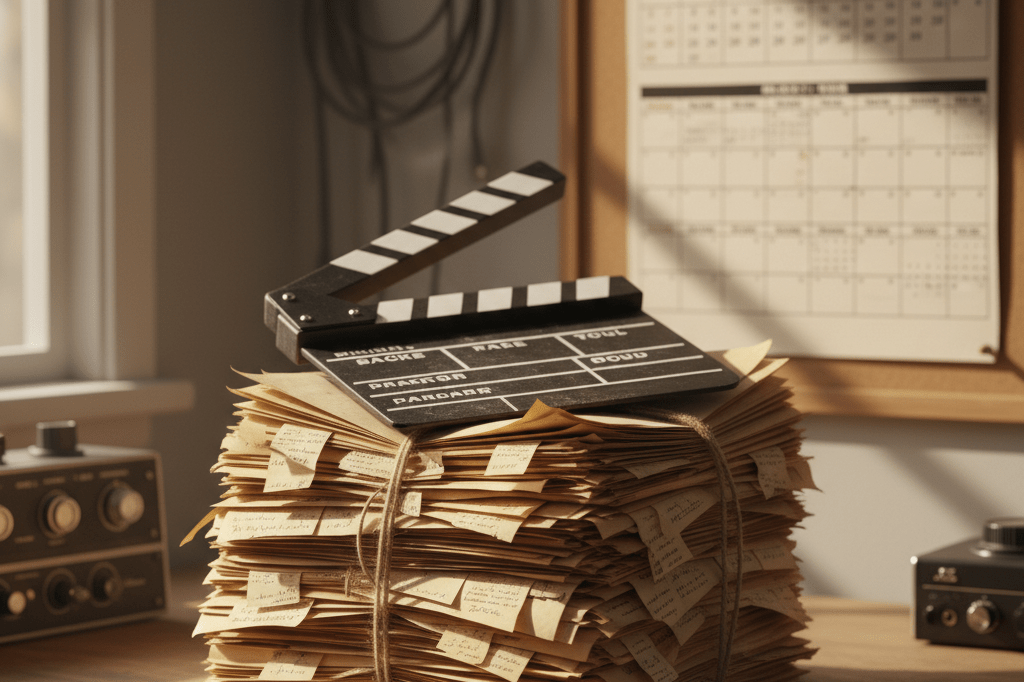 Stack of old scripts, clapperboard, and calendar on a wooden desk under warm light representing enduring TV production