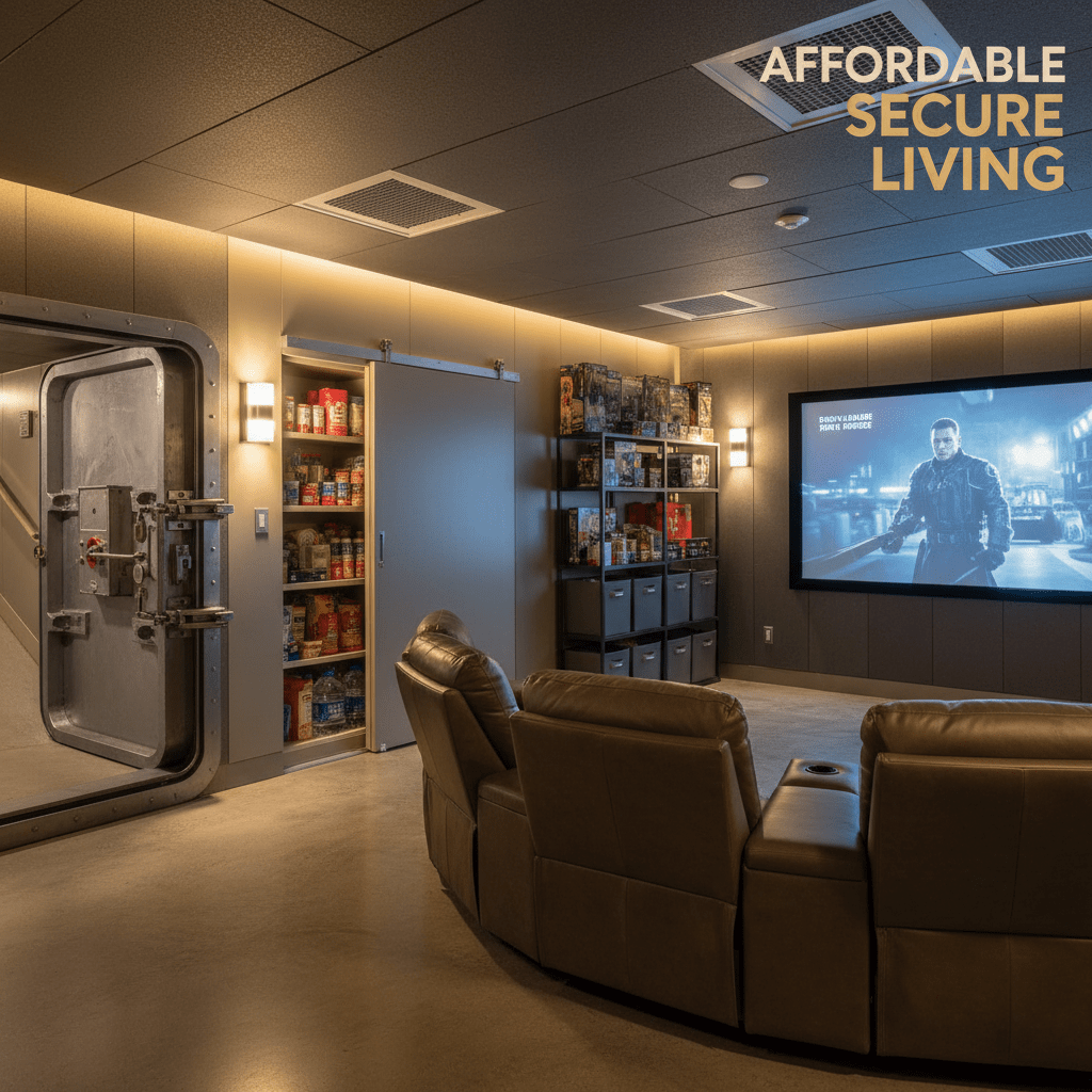 Secure underground bunker for sale, blending home theater and storage with safety features.