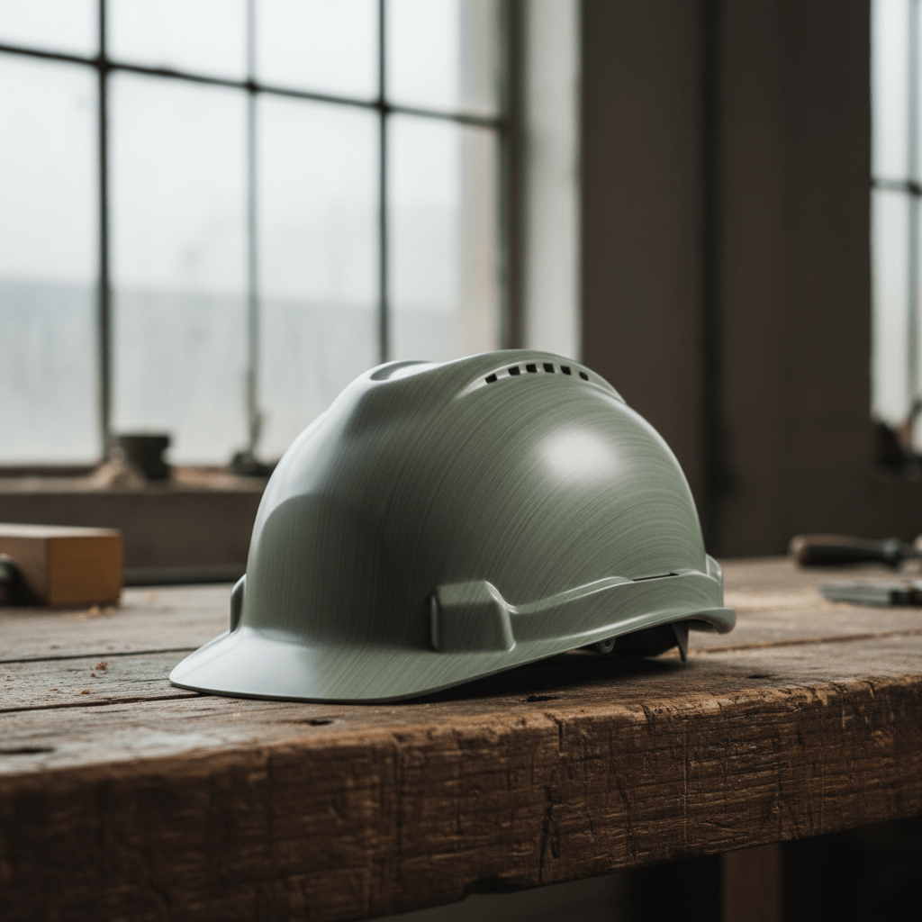 Close-up of an eco-friendly hard hat on a rustic workbench with natural light.