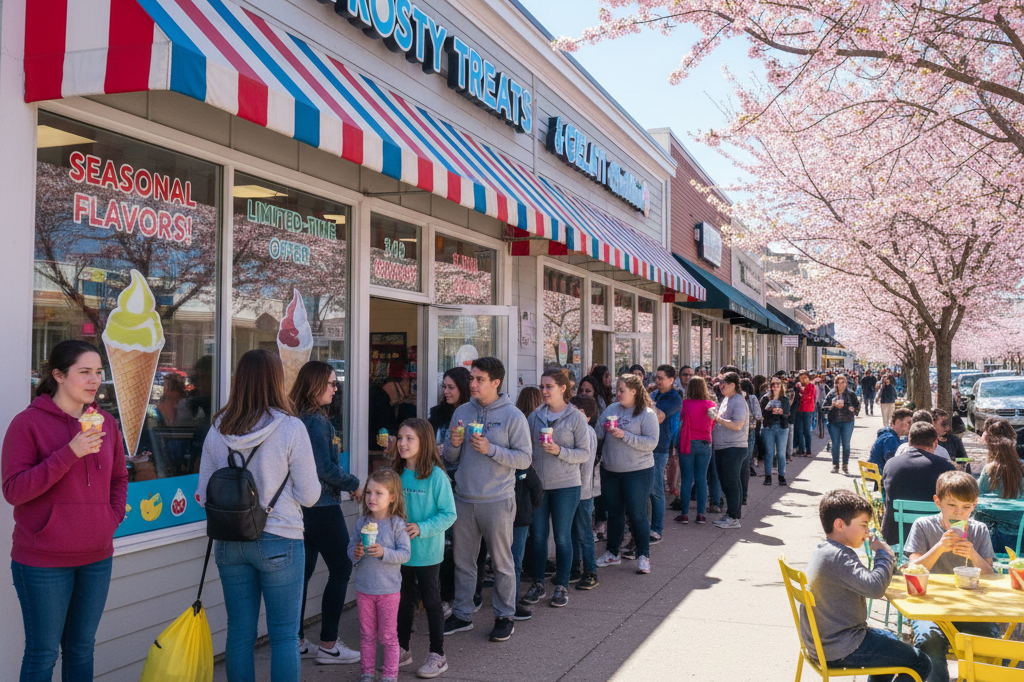 Wide-angle view of a busy Rita's Italian Ice location during spring promotion with customers lined up outdoors