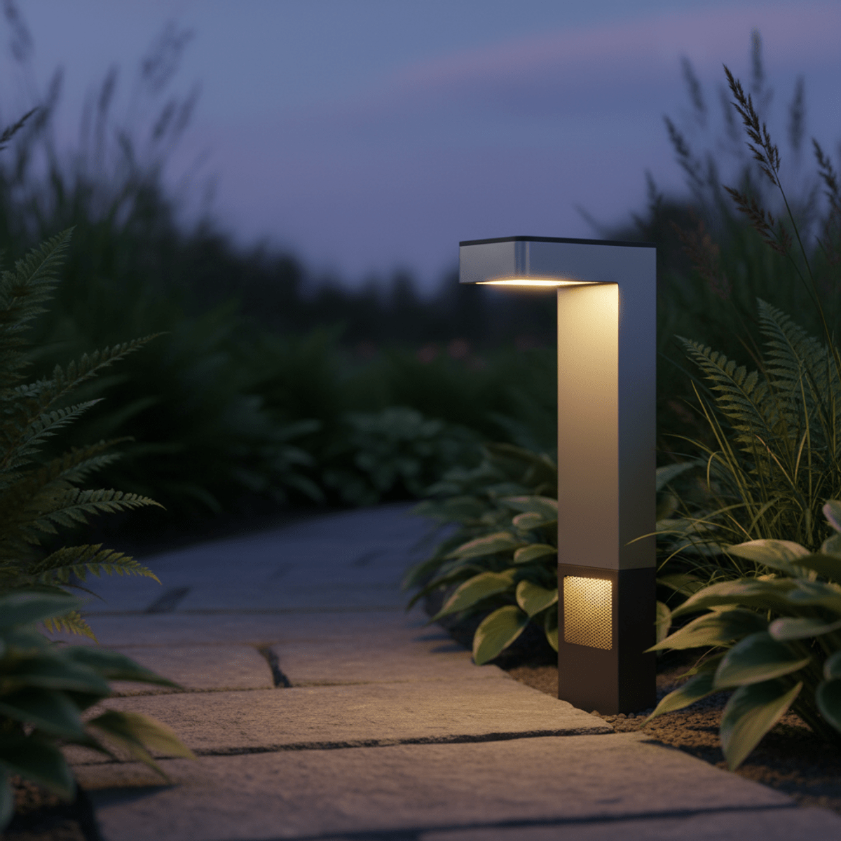 Sleek solar pathway light with ultrasonic cat repellent in brushed aluminum.