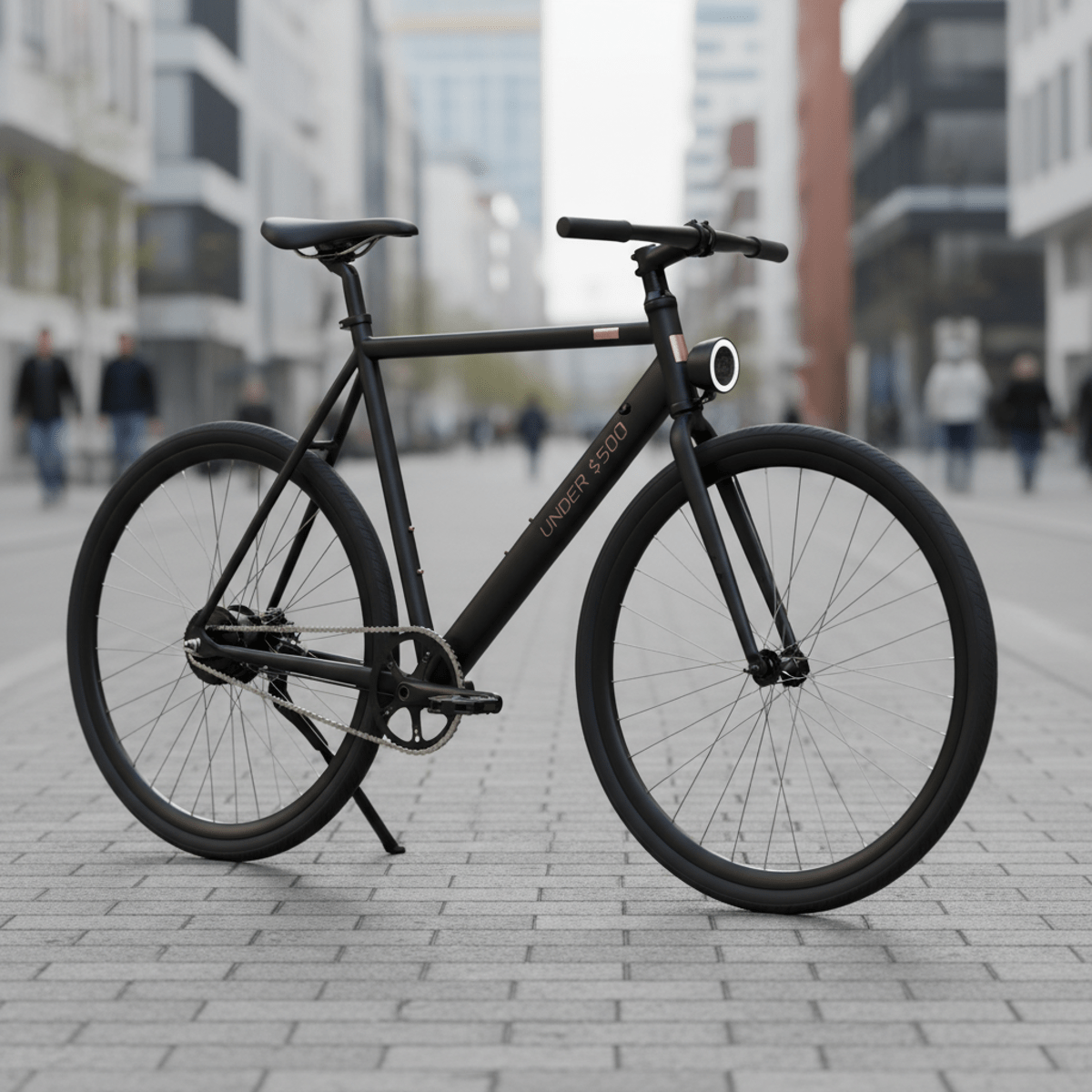 Sleek matte black single-speed e-bike with hidden cables parked on an urban street.
