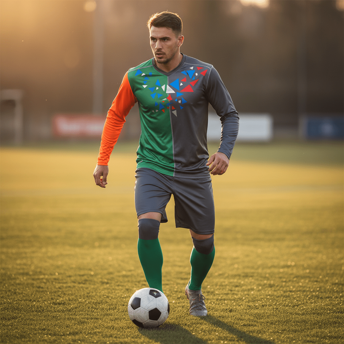 Male athlete models a unique soccer jersey with bold color blocks and geometric patterns at sunset.