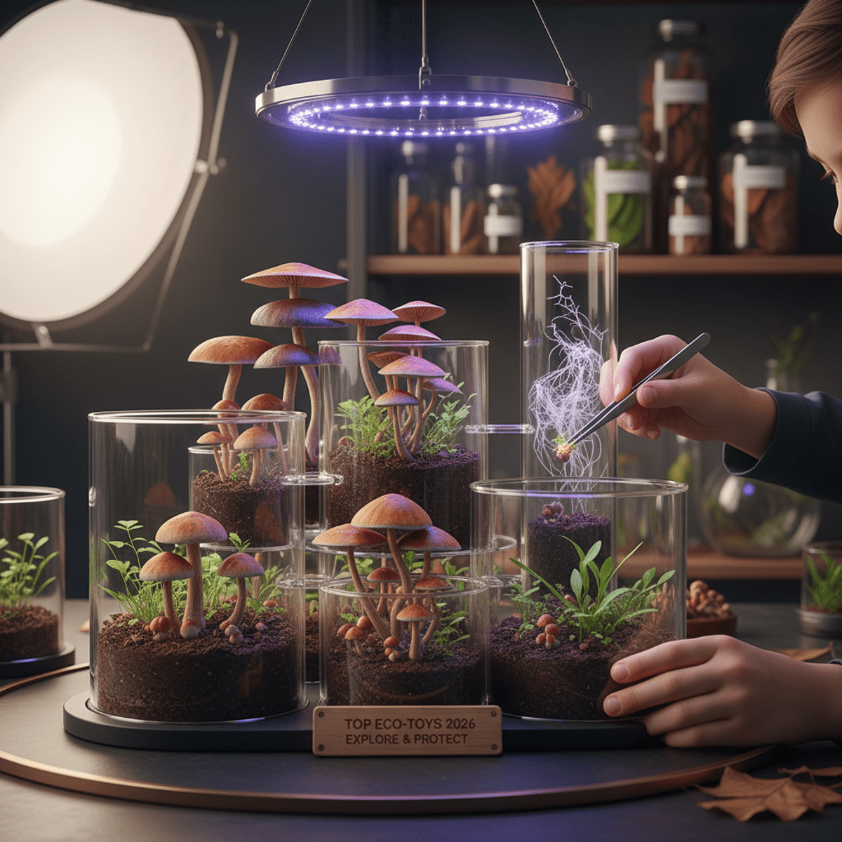 Child's hands adjust a tabletop ecosystem with fungi and plant roots in glass cylinders.