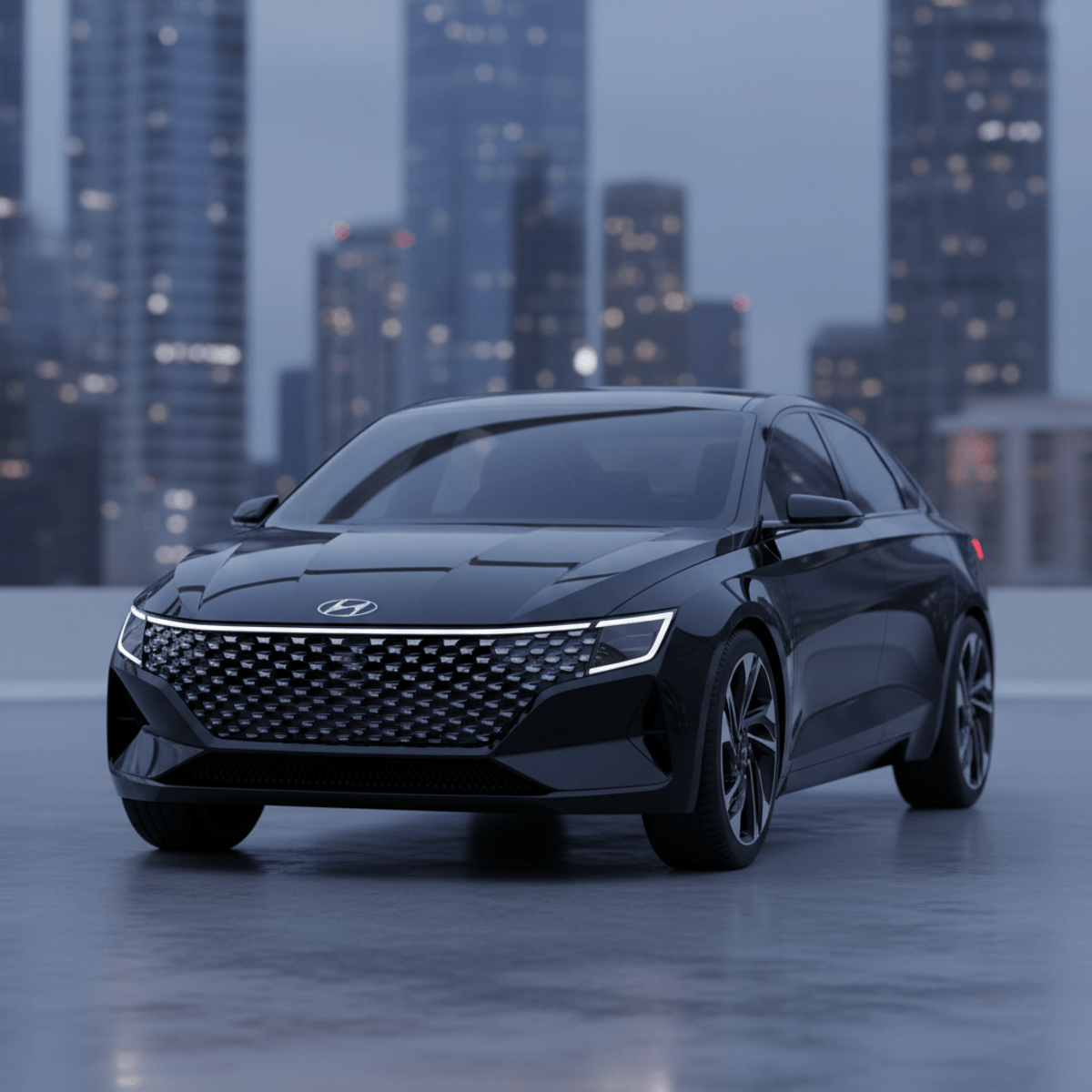 Sleek future sedan in phantom black with sharp LED lights and sculpted body lines.