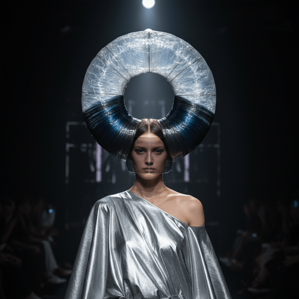 Avant-garde model with a glossy, hollow circular 'bagel head' hairstyle on a dramatic runway.