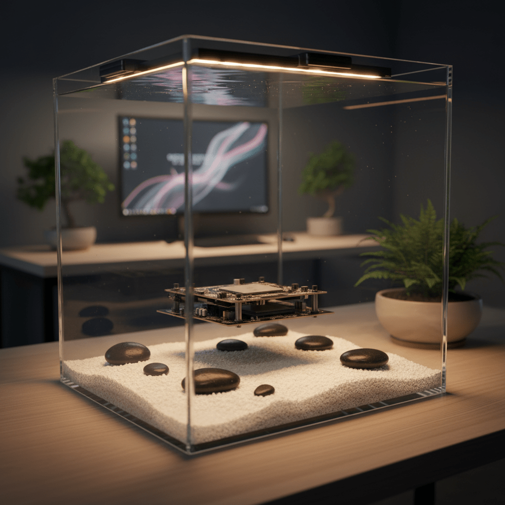 Zen garden PC in a frameless aquarium with suspended motherboard and white sand.