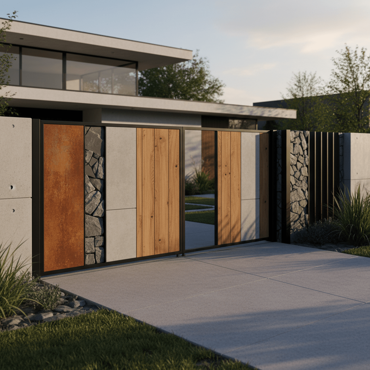 Modern gate with Corten steel, concrete, teak, and stone in golden hour light.