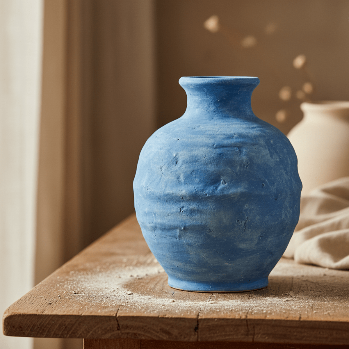Handcrafted chalky matte cerulean blue ceramic vase with Mediterranean pottery style.