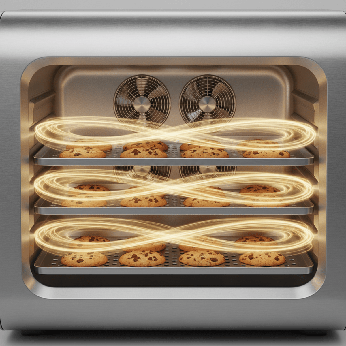 Futuristic oven baking golden cookies with swirling heat currents and aerodynamic interior.