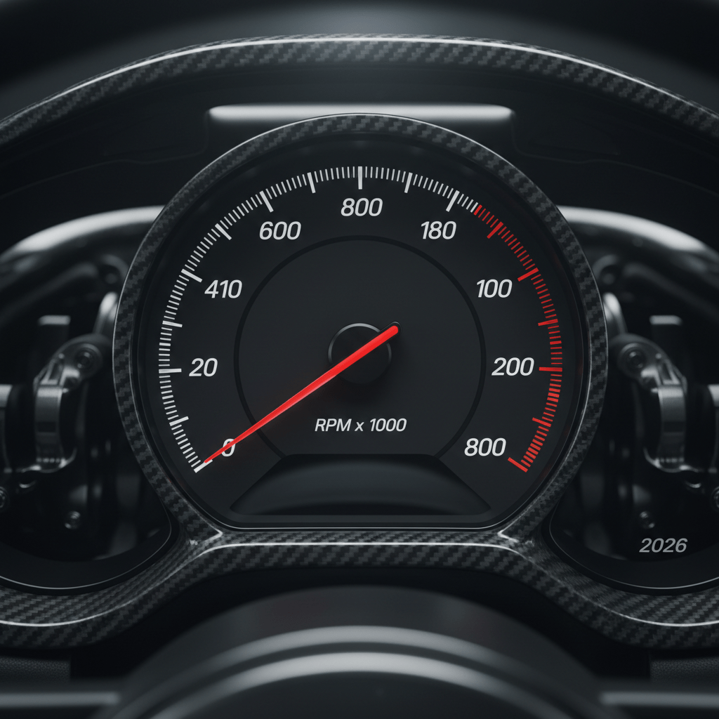 Close-up of a high-performance car tachometer, needle sweeping past 8,000 RPM.