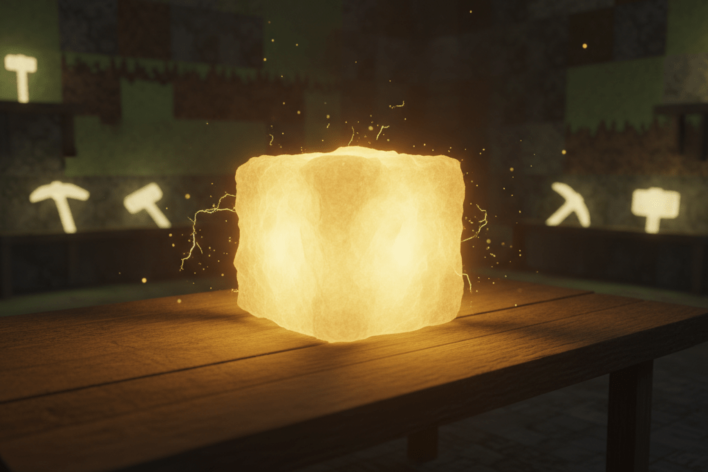 A glowing sulfur cube on a wooden table surrounded by blocky textures under ambient lighting, highlighting advanced physics mechanics