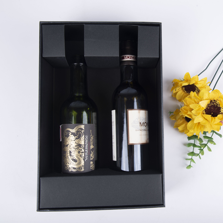 Caja de madera Fábrica de lujo personalizado Logotipo de encargo OEM Black 2 Botella de papel de vino