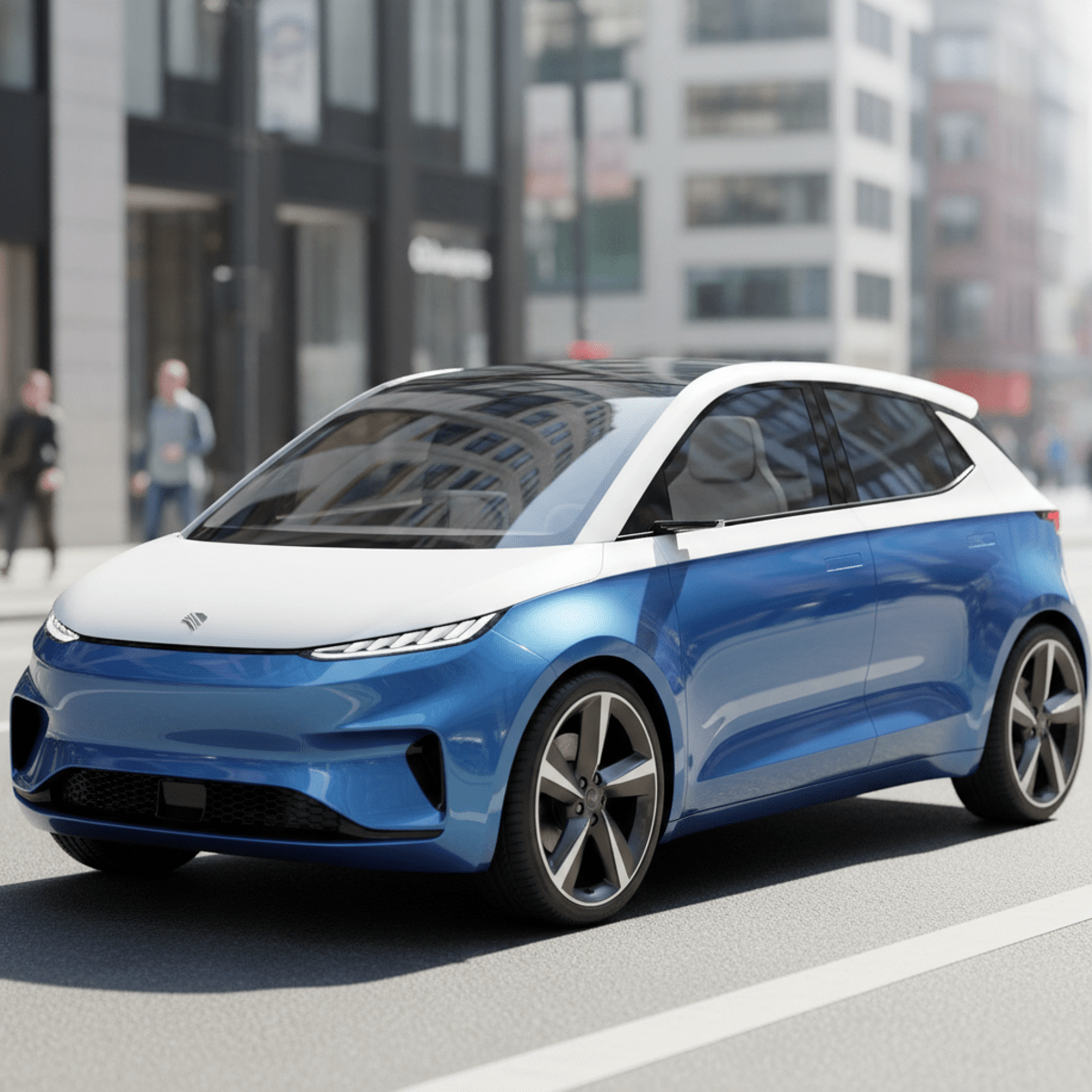Sleek electric blue and white subcompact car on a sunlit urban street.