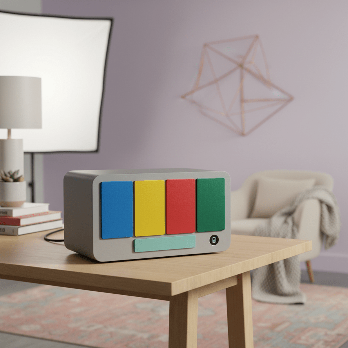 Sleek matte UPS unit with vibrant magnetic faceplates on a modern desk.