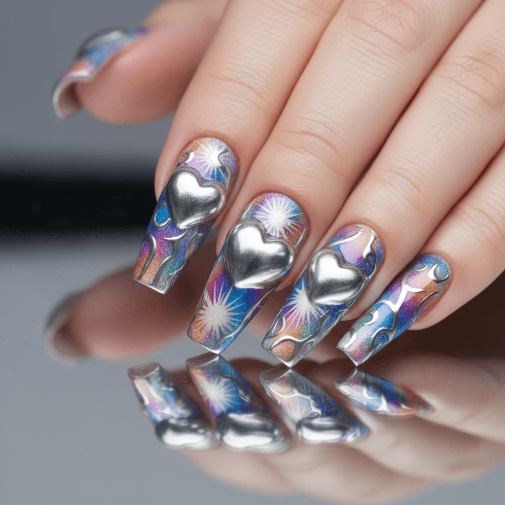 Futuristic nails with liquid silver chrome bubble hearts and iridescent rainbow base.