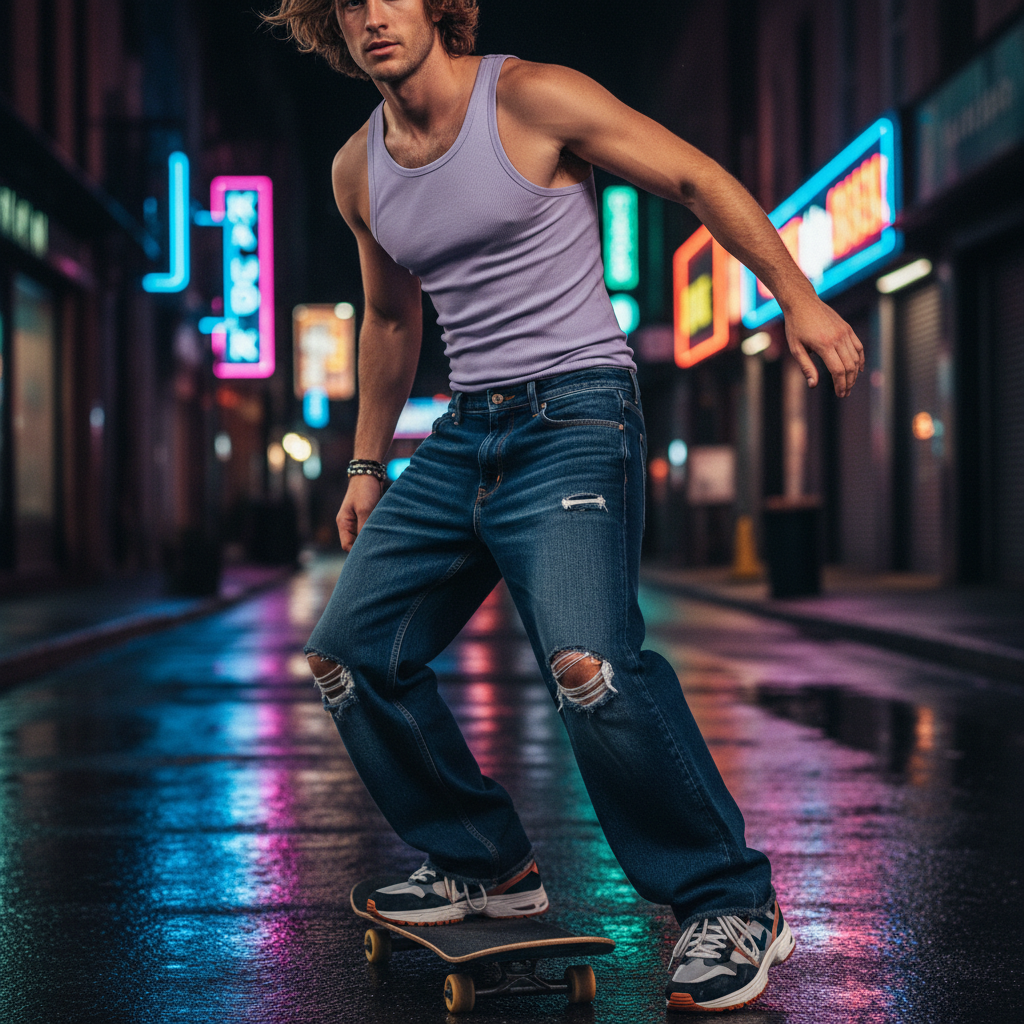 Male skater in indigo wide-leg jeans, distressed details, and retro sneakers on a city street.