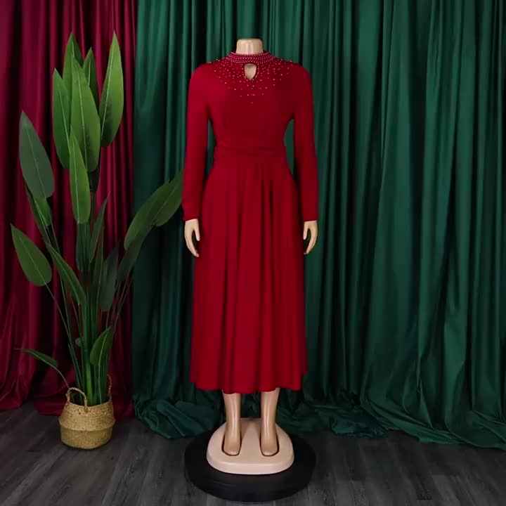 D454 New Arrival Solid Color Maxi Dresses Women's Clothing Wholesale O Neck Long Sleeve Plus Size Women Dresses