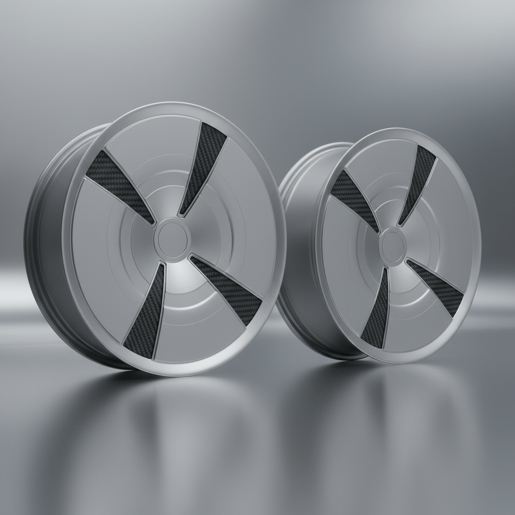 Futuristic 20-inch wheel with smooth disc faces and carbon fiber accents.