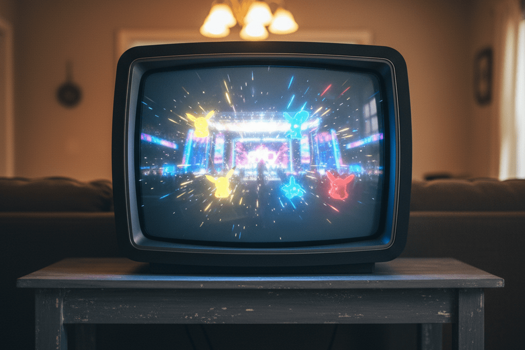 Medium shot of an old TV showing colorful, out-of-focus stage lights suggesting a nostalgic, cross-generational ad event
