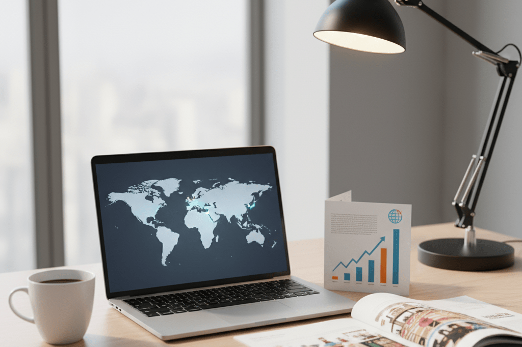 Business desk with laptop showing Europe map and growth charts under natural light symbolizing Eurovision marketing strategy