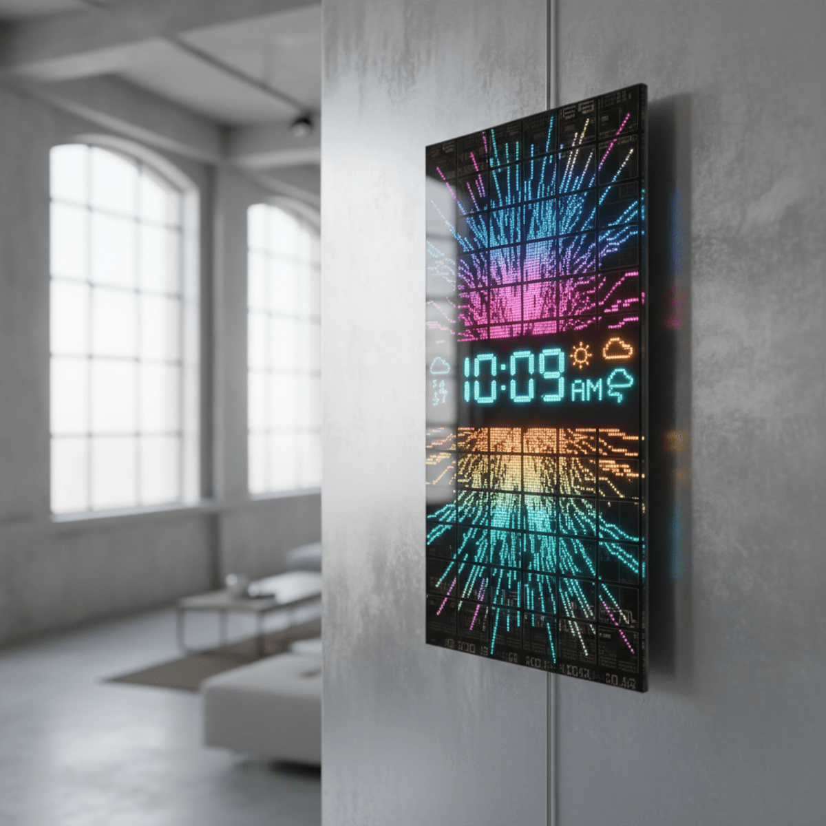 Futuristic LED matrix clock glowing with pixel art on a brushed aluminum wall.
