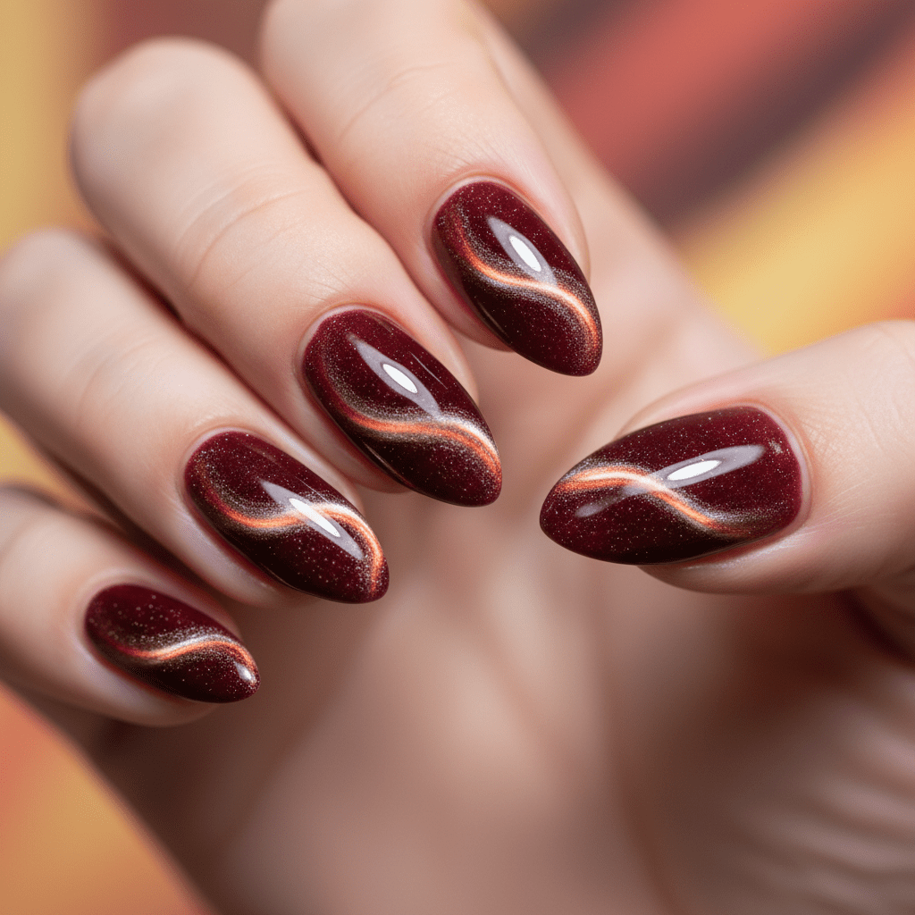 Close-up of cherry cola almond nails with magnetic cat-eye galaxy effect and shimmering particles.