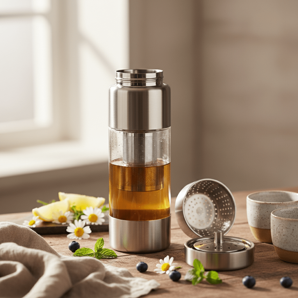 Brushed stainless steel tea bottle with glass midsection filled with golden chamomile tea.