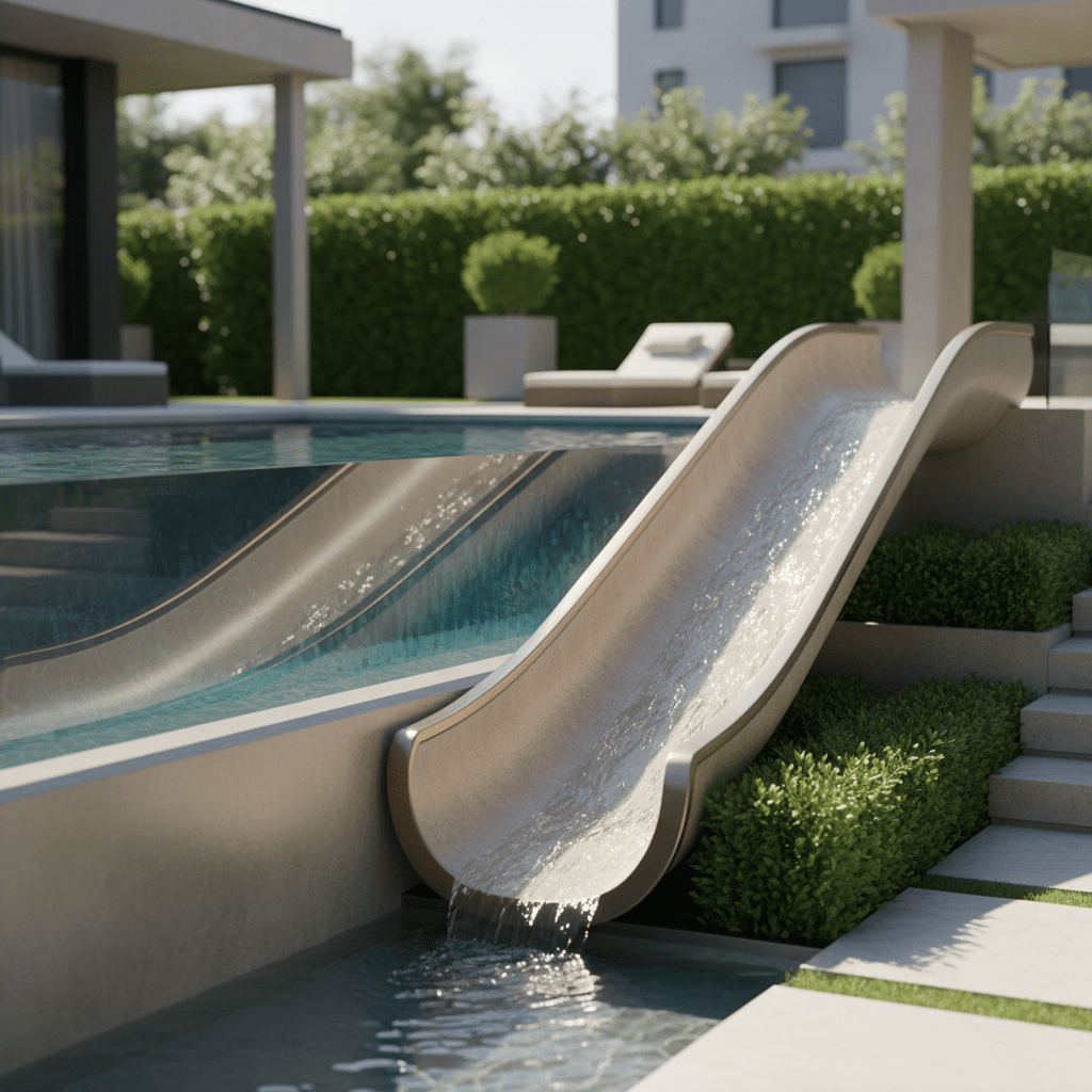 Luxurious curved pool slide integrated into a modern backyard with clear water cascading.
