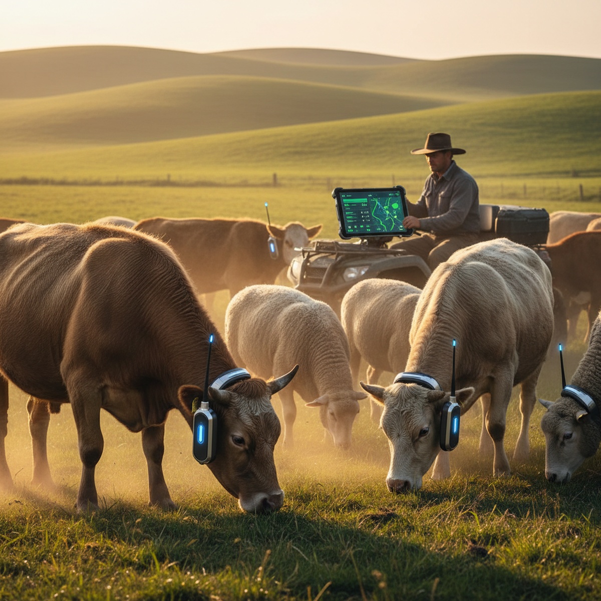 Farmer monitors livestock health on a tablet in a golden hour pasture.