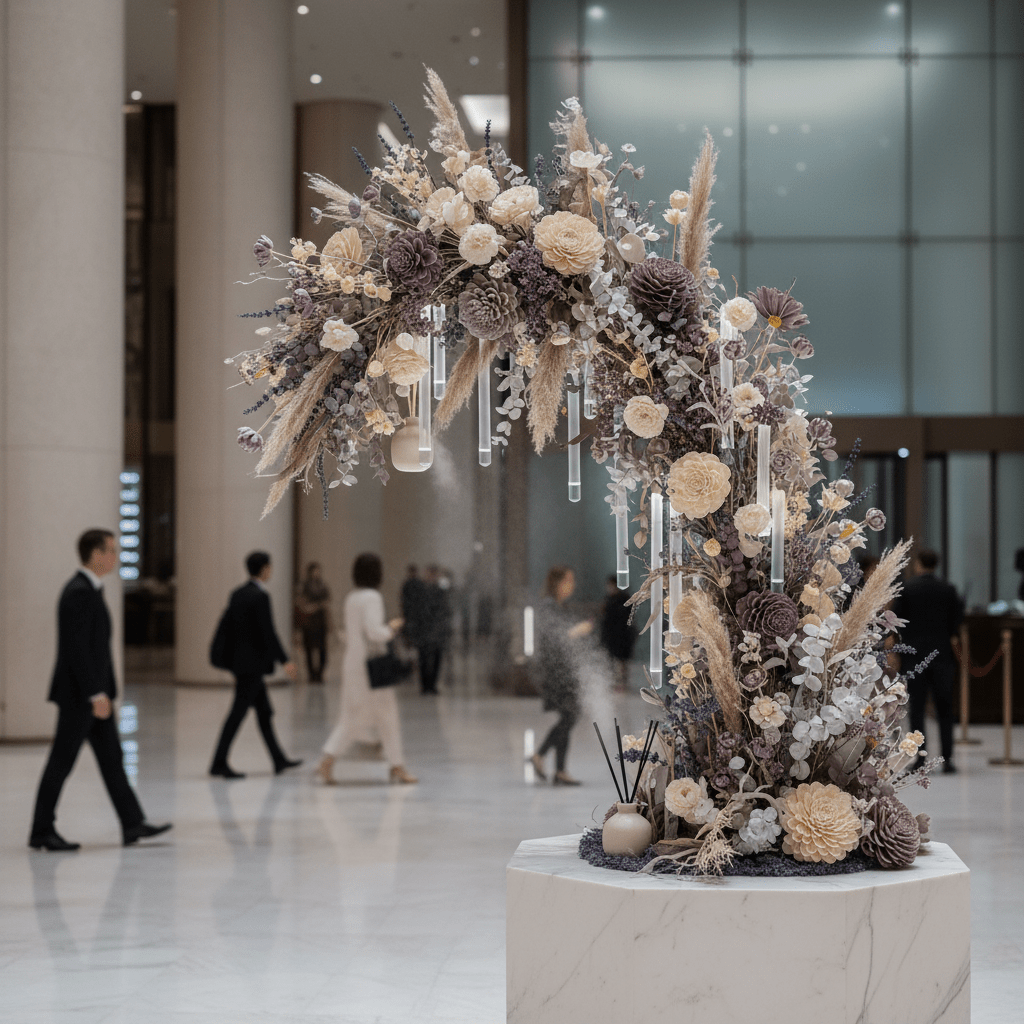 Sola wood flowers and dried botanicals integrated with scent diffusers in a hotel lobby.