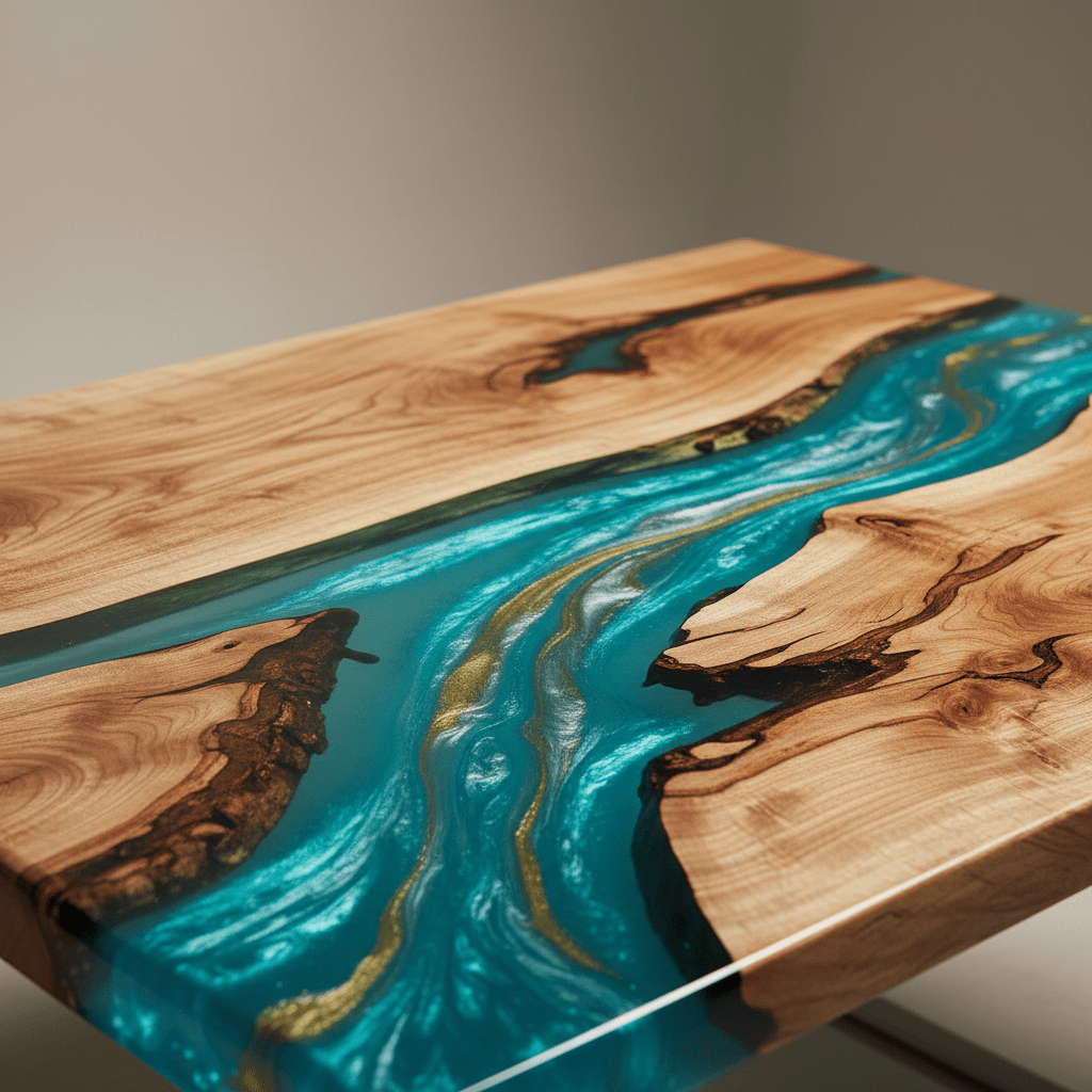 Vivid turquoise epoxy river coffee table with live-edge wood and metallic pigments.