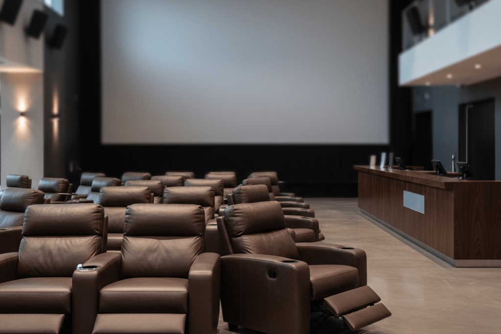 Medium shot of a high-end cinema lounge featuring premium reclining seats, warm ambient lighting, and modern minimalist design in a retail entertainment complex