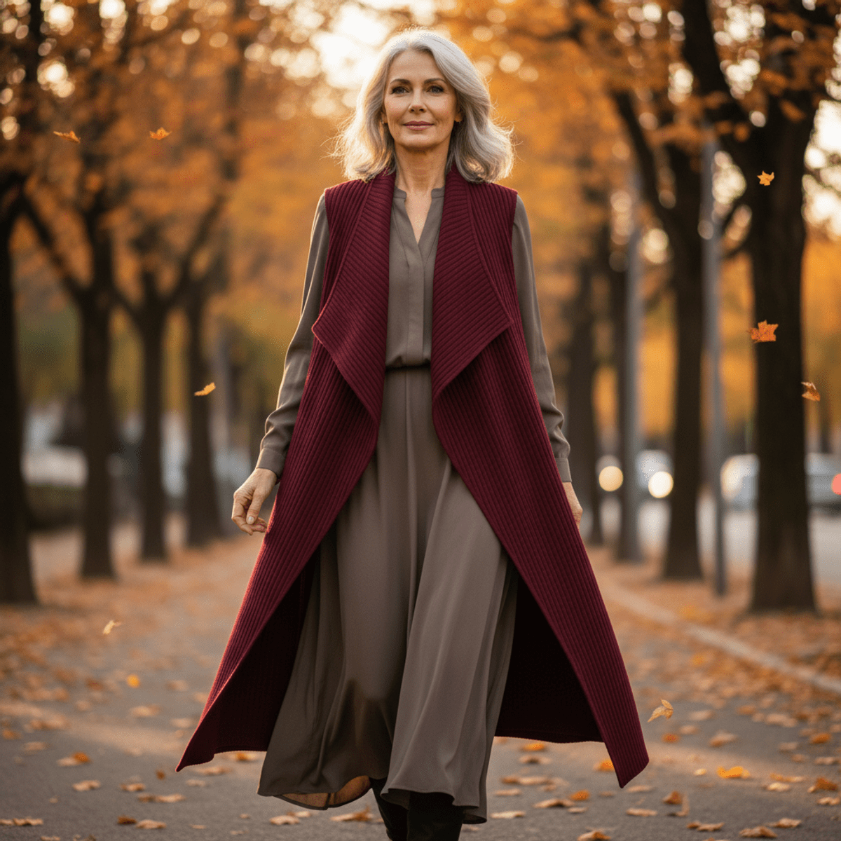 Fashionable older woman in burgundy vest and taupe dress walks on autumn boulevard.