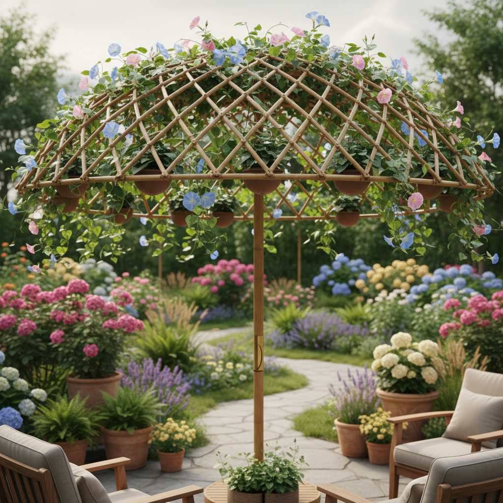 Bamboo umbrella with ivy and morning glories over a blooming patio garden.