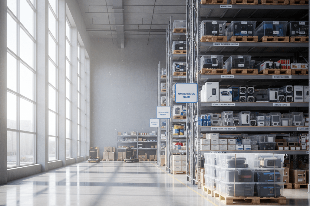 Wide-angle view of organized warehouse shelves holding water-resistant goods under natural light, reflecting proactive emergency planning