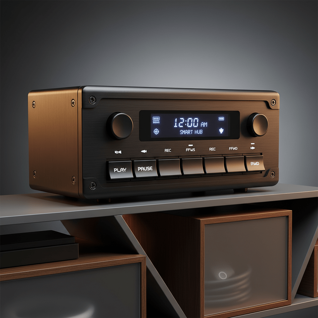 Modern smart home device with VCR design, tactile buttons, and matte black casing.