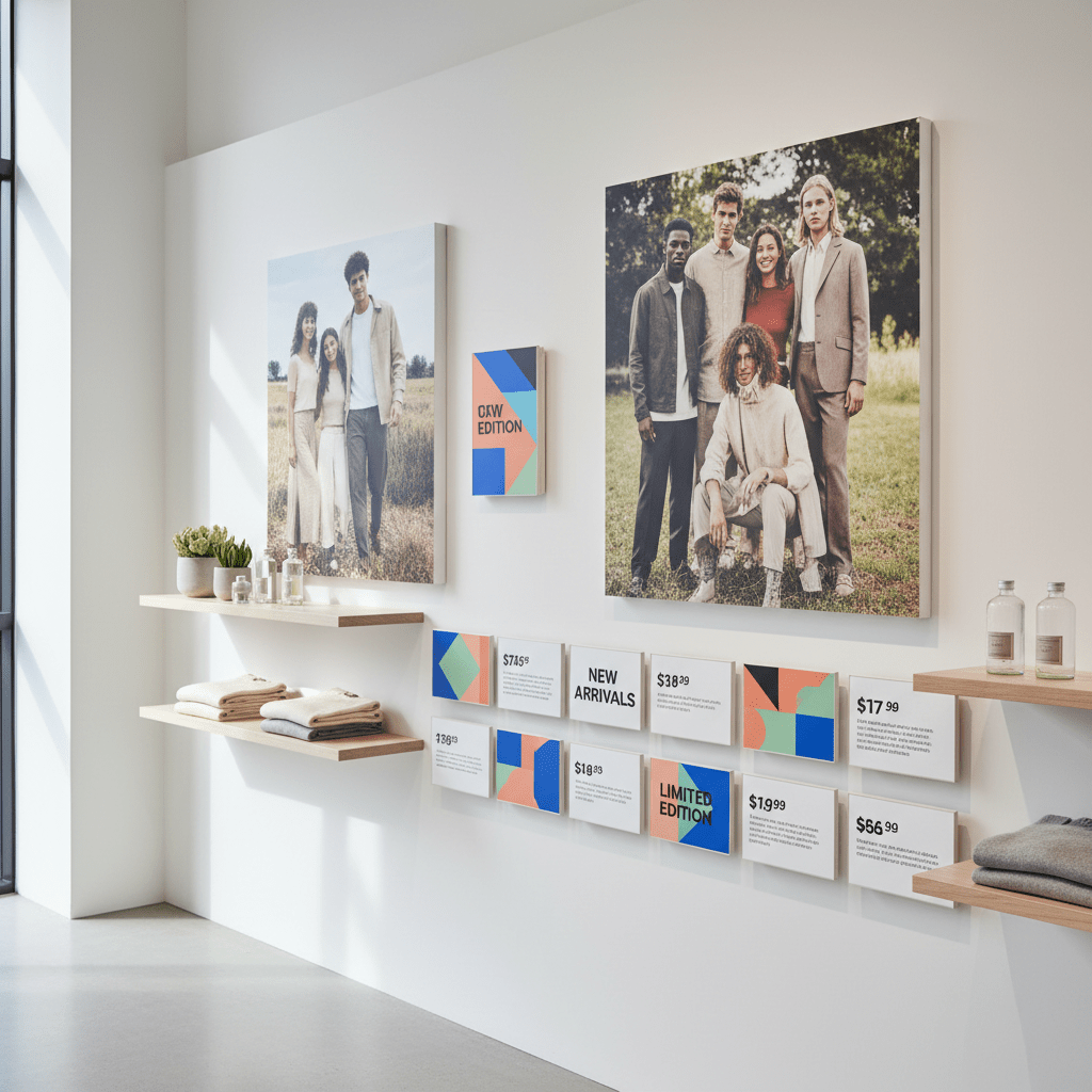 Sleek retail pop-up interior with modular displays and graphics. Modern retail pop-up interior with magnetic wall graphics and modular pricing.