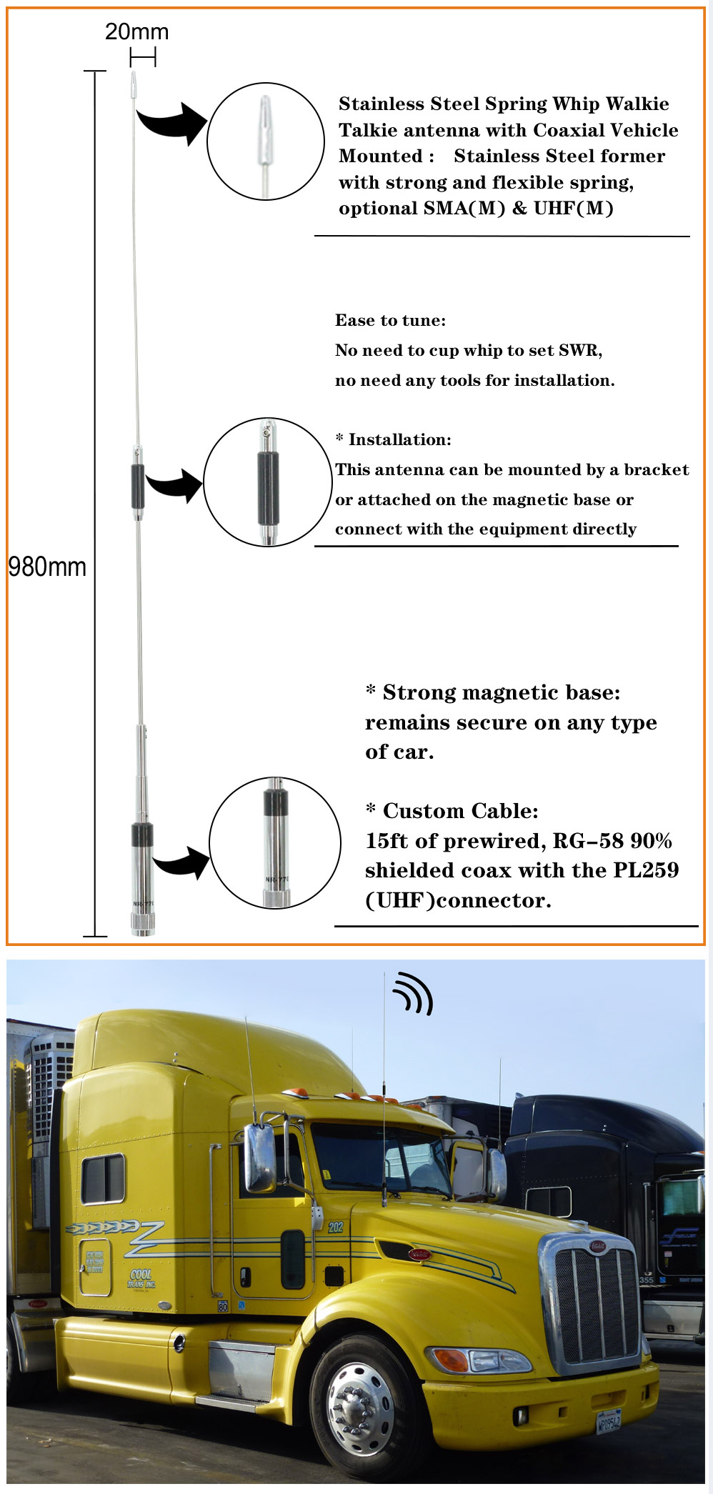 144MHz / 430 MHz Dual Band Omnidirectional Car Mobile Antenna