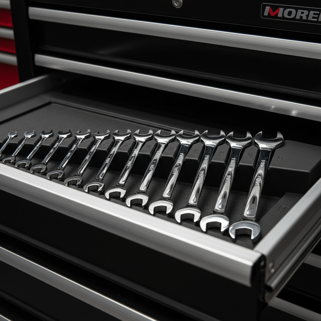 Low-profile wrench organizer with angled slots holding chrome wrenches in a shallow drawer.