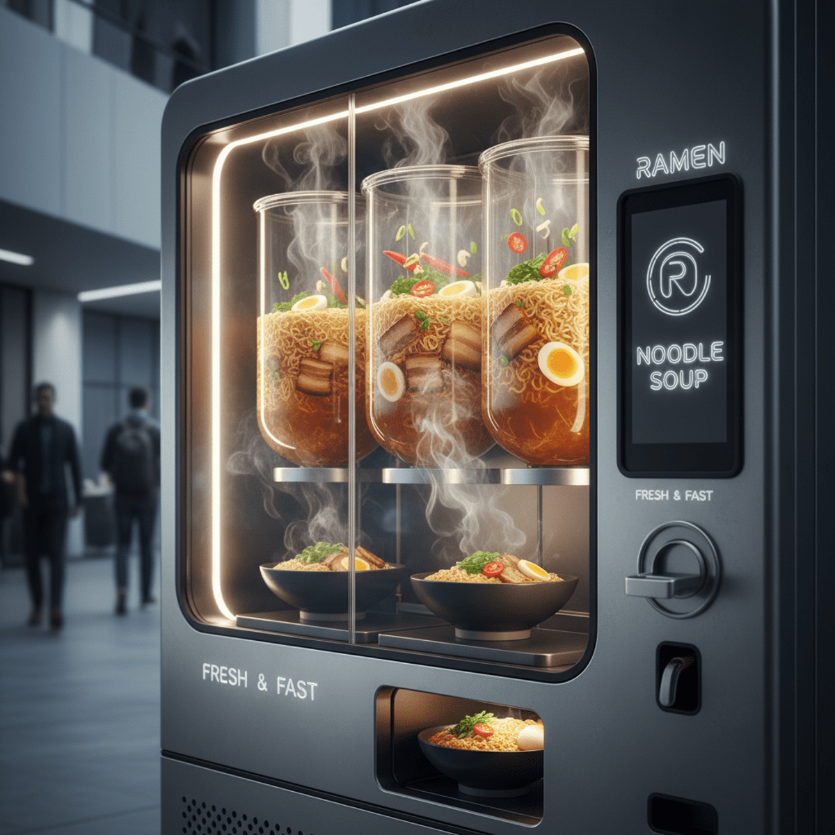 Futuristic vending machine serves steaming ramen bowls with fresh ingredients and swirling steam.