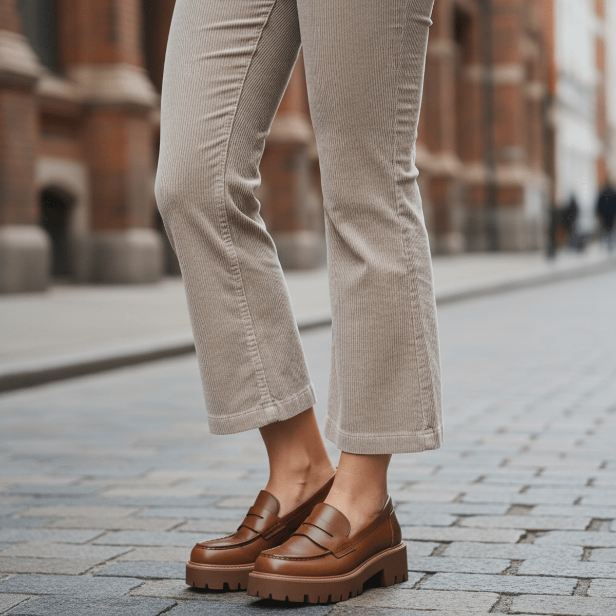 Close-up of beige corduroy pants with fine ribbing and tailored seams.