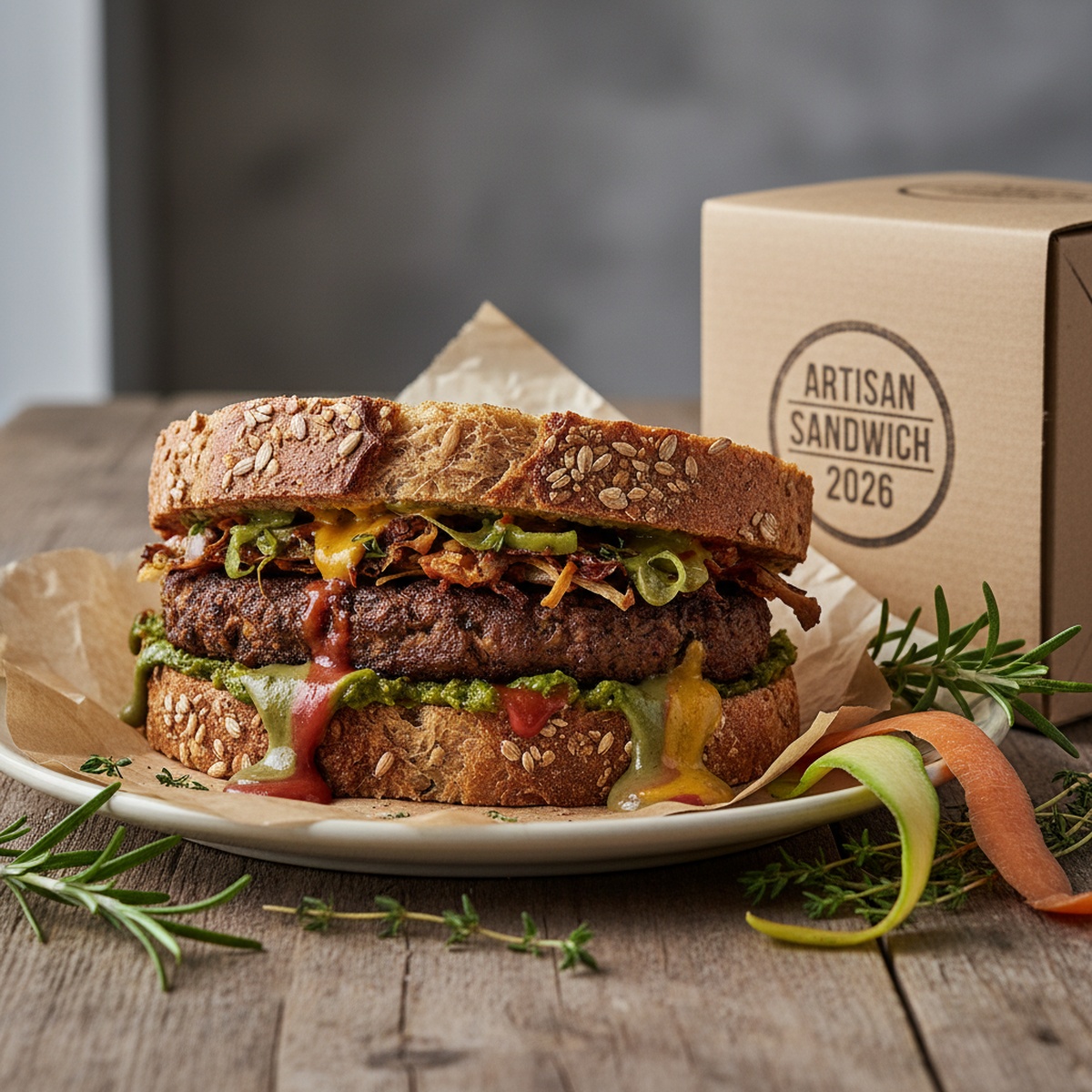 Rustic artisan sandwich made from spent grain, vegetable scraps, and colorful sauces.