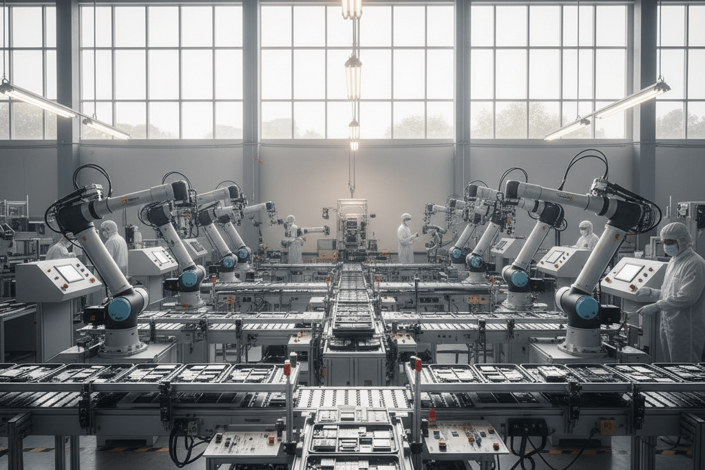 Wide shot of automated smartphone production line in a naturally lit industrial setting, highlighting supply chain stability