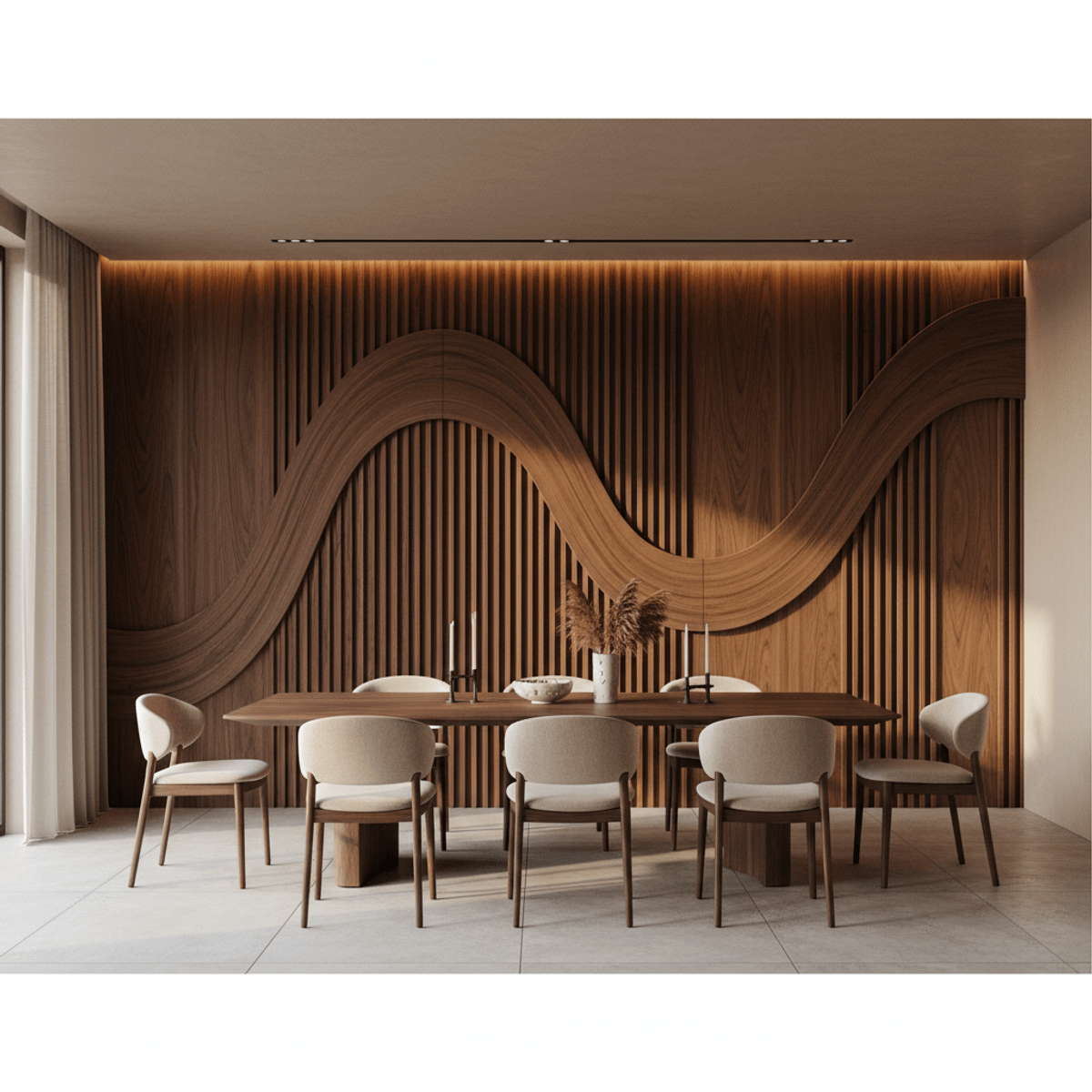 Walnut arched slat wall paneling in an S-shaped wave Modern dining room with rich walnut arched slats forming an S-shaped wave pattern.