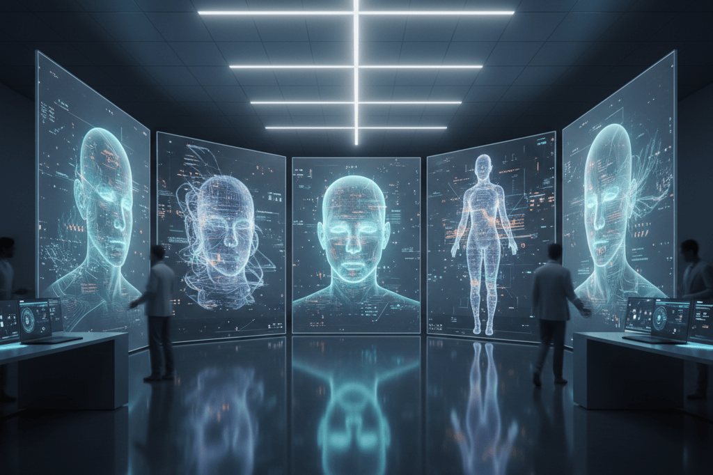 High-tech studio with holographic displays of abstract digital likenesses under ambient LED lighting, symbolizing advanced AI applications