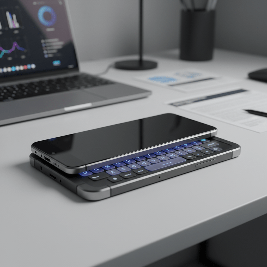 Futuristic sliding phone with a QWERTY keyboard and adaptive backlighting on a desk.