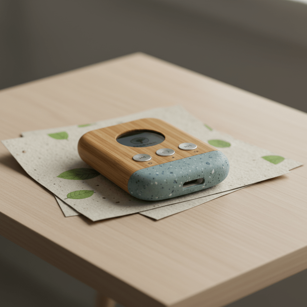 Eco-friendly music player with bamboo casing and recycled aluminum buttons on a wooden desk.