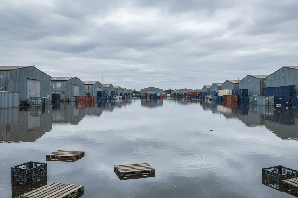 Wide view of a flooded warehouse area with shipping containers amidst standing water under gray skies, depicting climate-driven supply chain risks